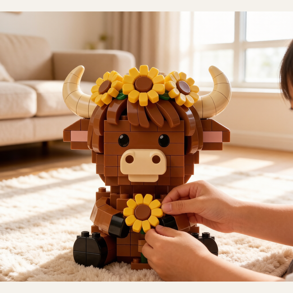 Highland Cow Building Block Toy - Sunflower Cow DIY Assembly Model