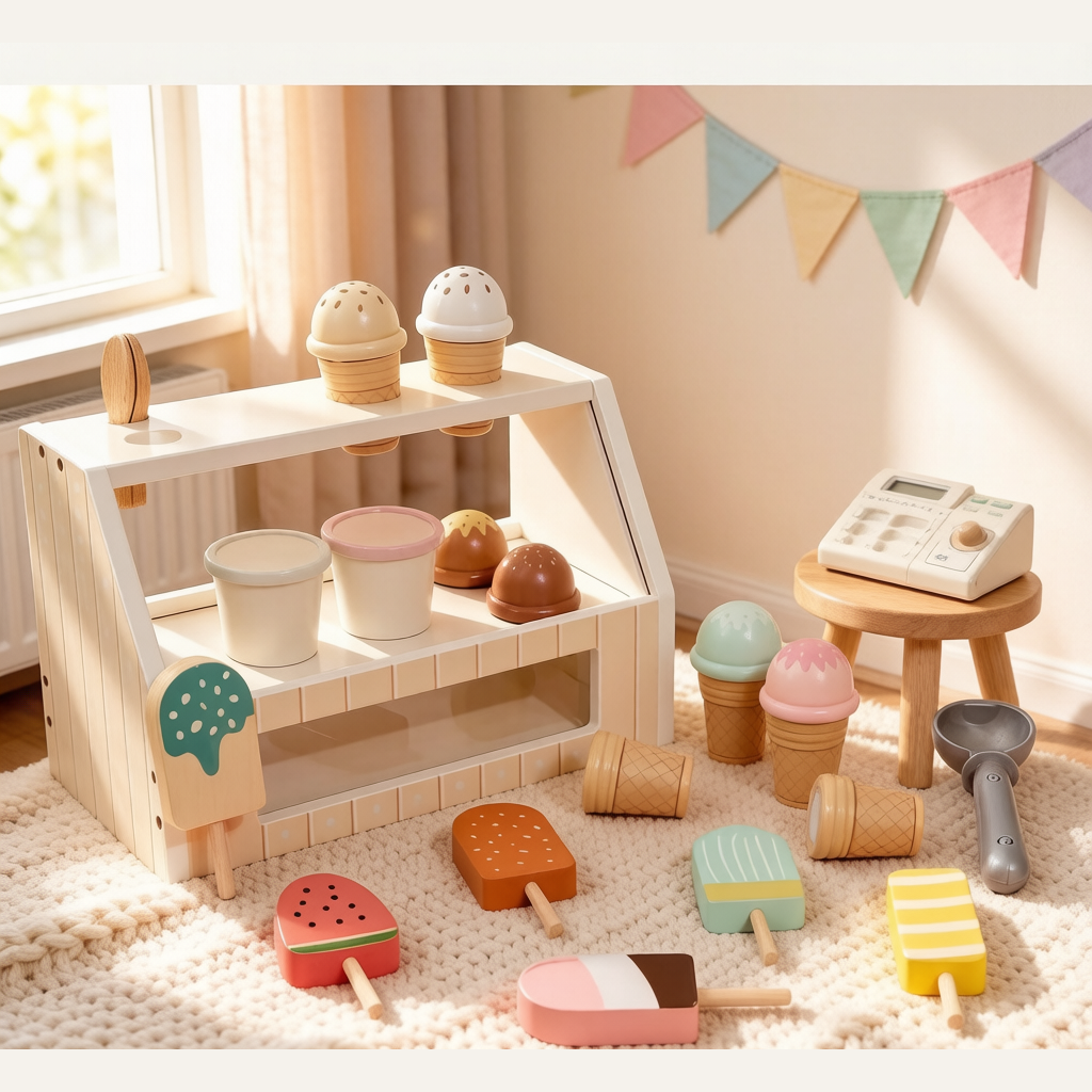 Wooden Kids Ice Cream Shop Toy - Cash Register Role-Play Pretend Play Set