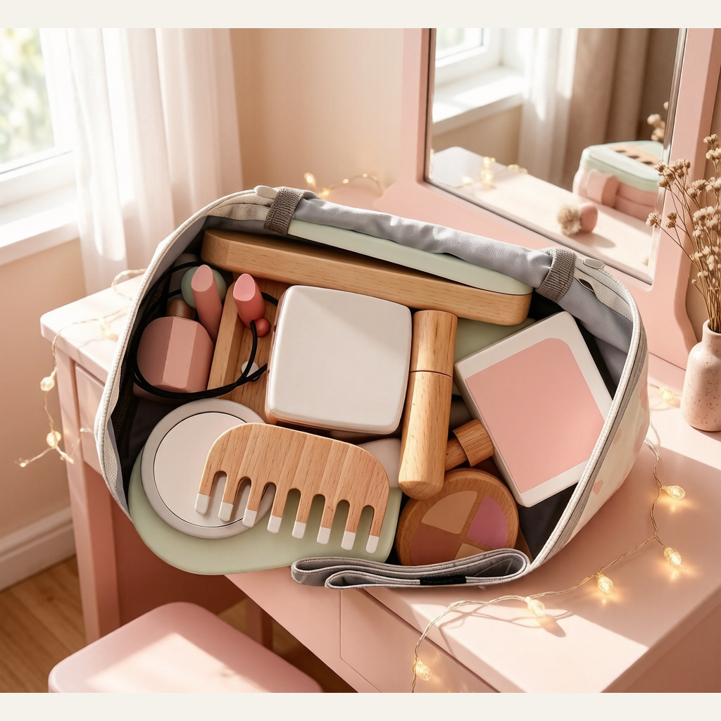 Kids Wooden Makeup Pretend Play Set - Simulation Comb, Lipstick & Handbag Beauty Toy for Girls