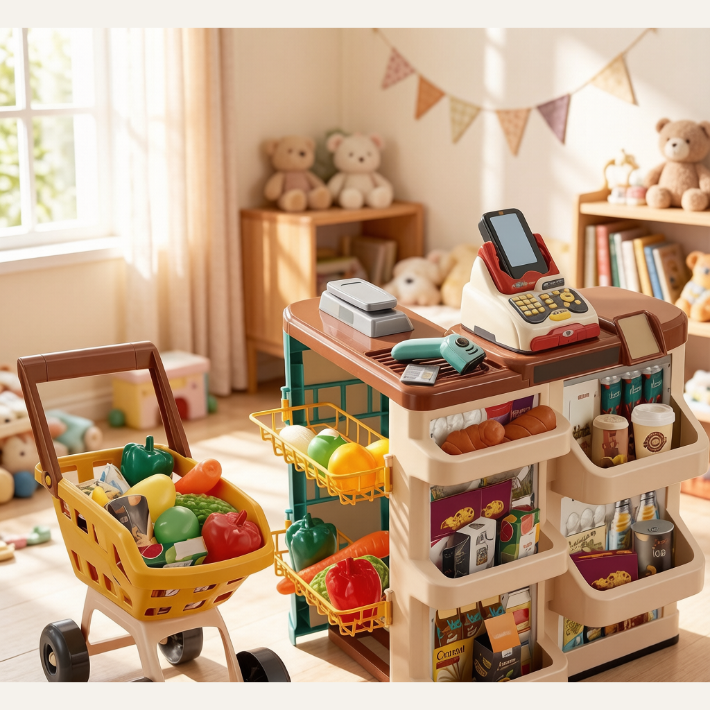 Kids Supermarket Playset with Shopping Cart & Scanner - Cashier Kitchen Pretend Play