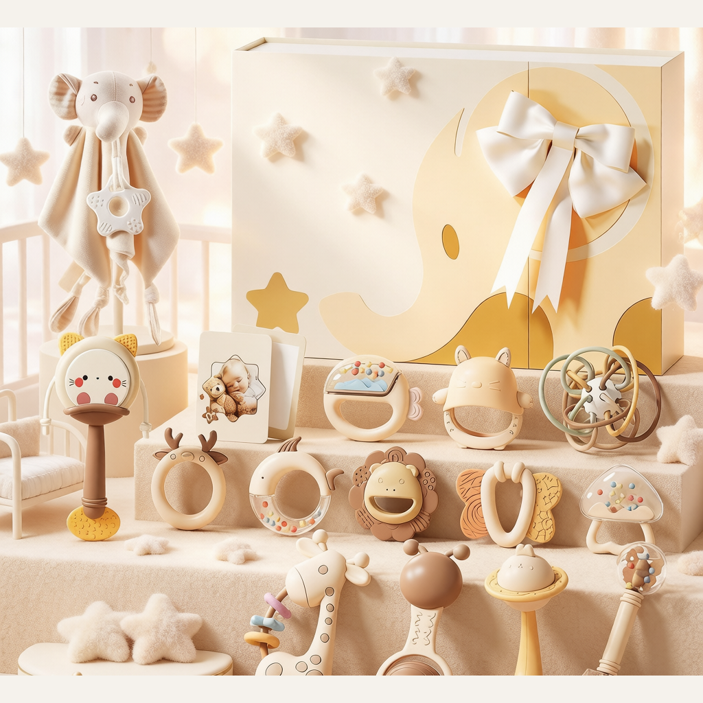 Newborn Rattle Gift Box Set - Teether, Sensory & Soothing Toy Bundle for Baby Showers & Full Month Gifts