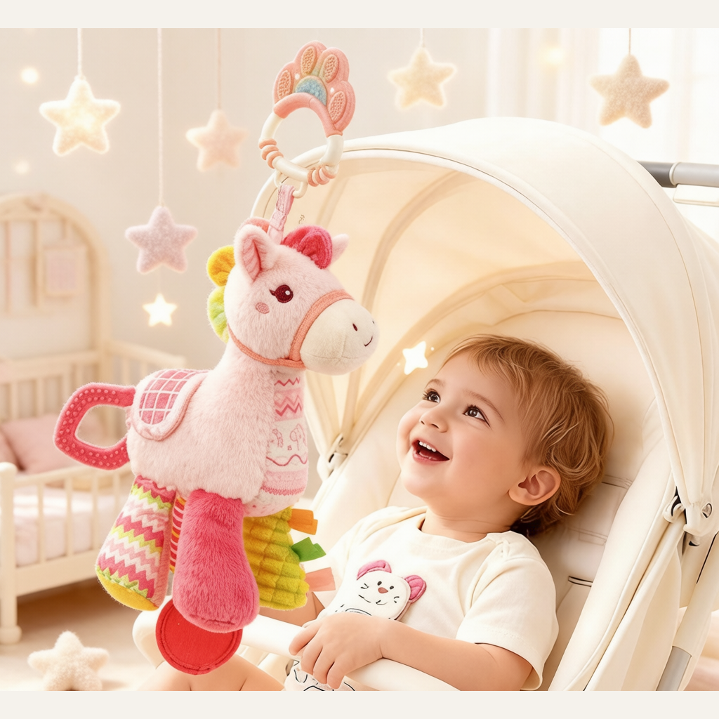 Rainbow Pony Music Box Crib Pendant - Hanging Bell Rattle Soothing Companion Toy for Babies