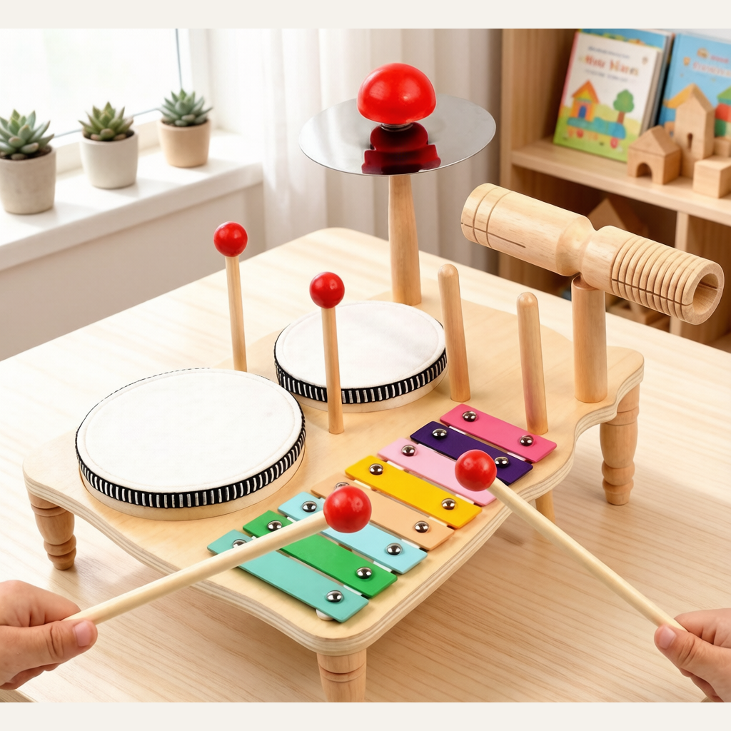 Wooden Orff Percussion Instrument Set - Kids Drum & Gong Musical Toy