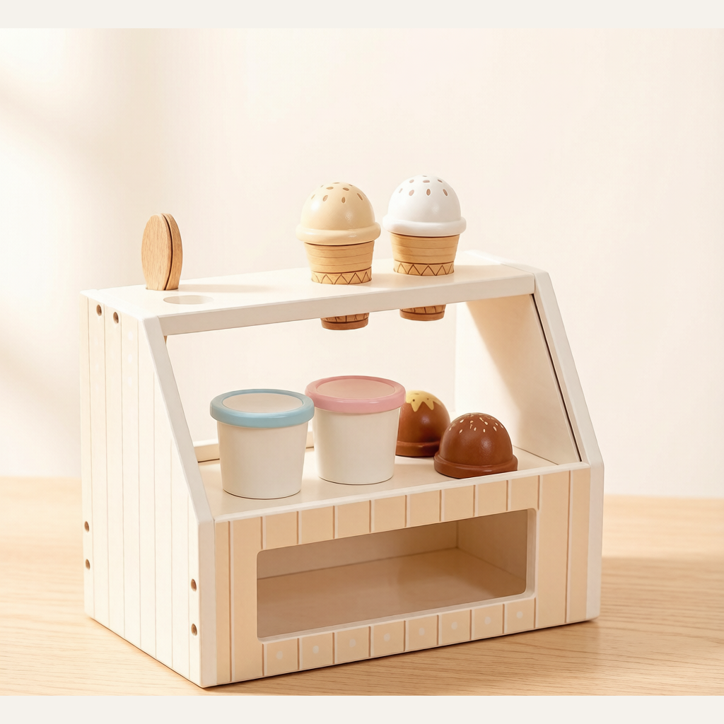 Wooden Kids Ice Cream Shop Toy - Cash Register Role-Play Pretend Play Set