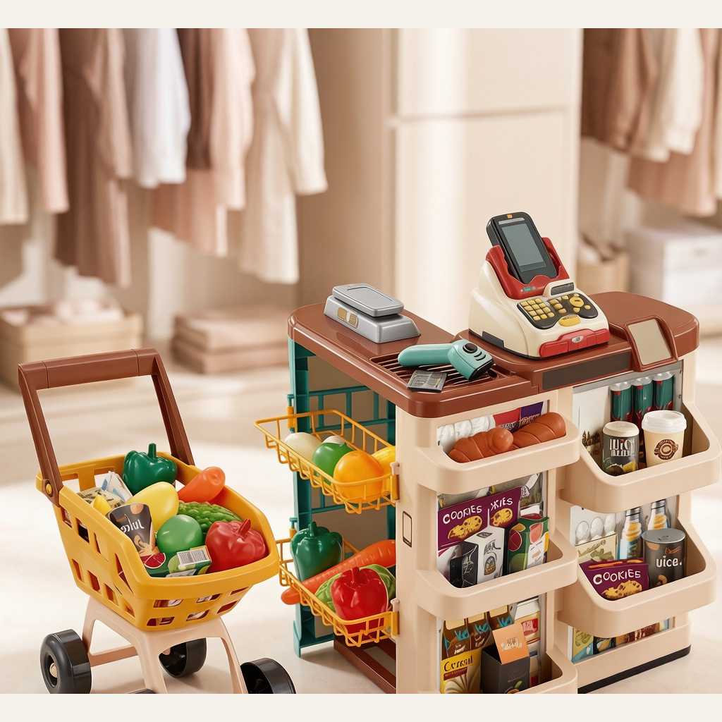 Kids Supermarket Playset with Shopping Cart & Scanner - Cashier Kitchen Pretend Play