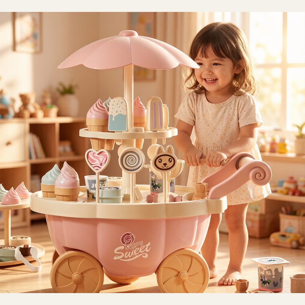 Kids Ice Cream Cart Toy - Rotating Candy Trolley with Lights & Sound, Pretend Play Gift Set for Girls