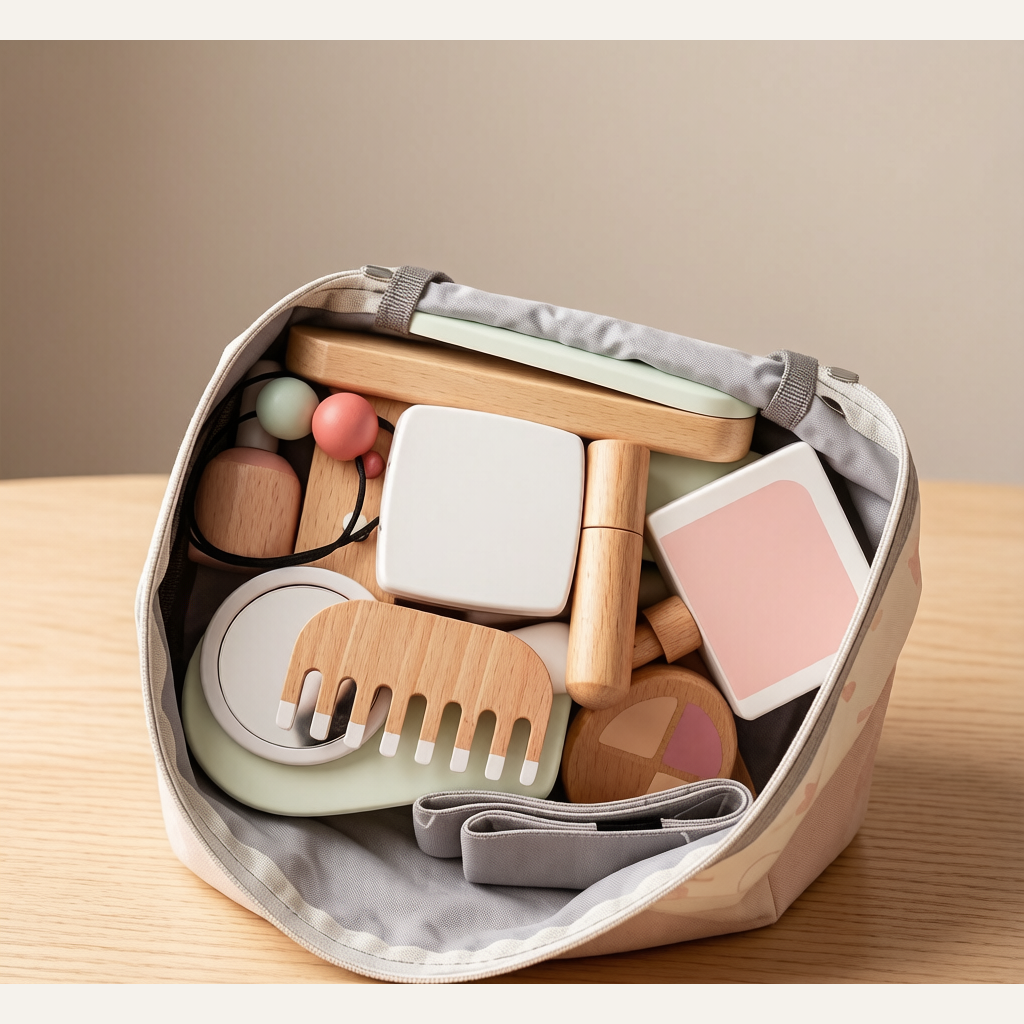 Kids Wooden Makeup Pretend Play Set - Simulation Comb, Lipstick & Handbag Beauty Toy for Girls
