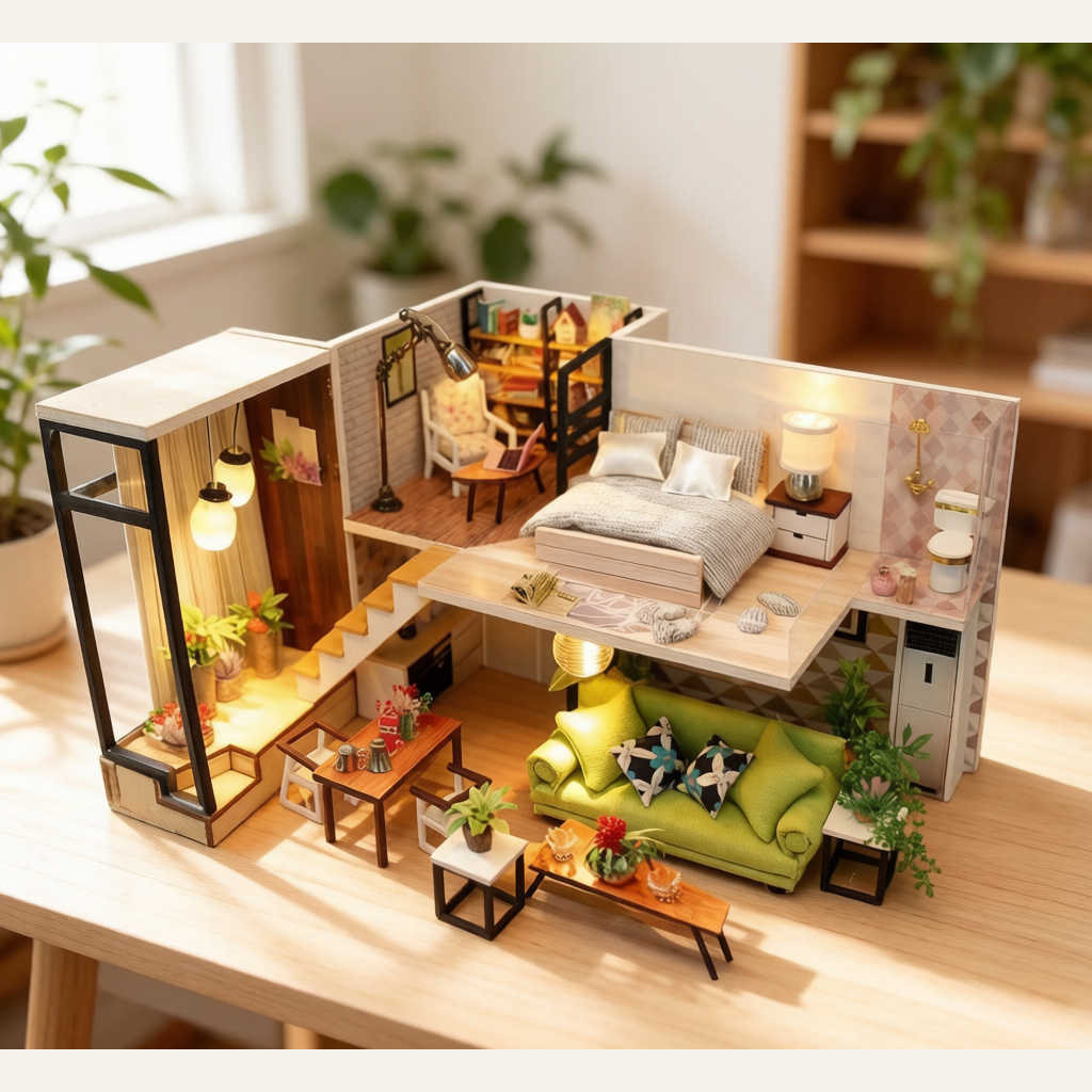 Hongda DIY Small House Wooden Dollhouse - Hand-Assembled Nordic World Model