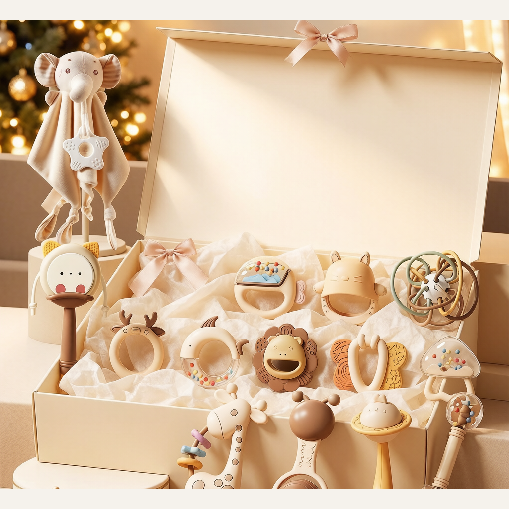 Newborn Rattle Gift Box Set - Teether, Sensory & Soothing Toy Bundle for Baby Showers & Full Month Gifts