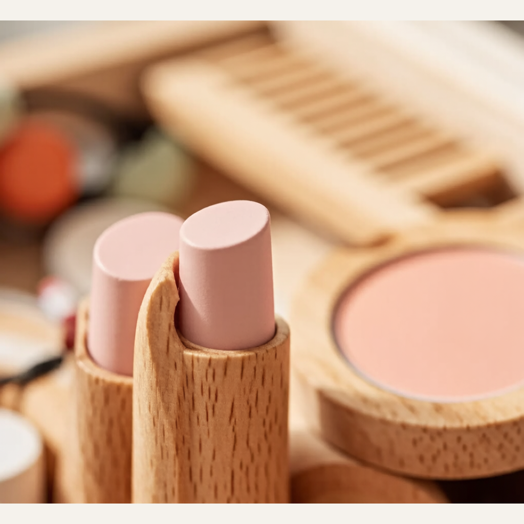 Kids Wooden Makeup Pretend Play Set - Simulation Comb, Lipstick & Handbag Beauty Toy for Girls