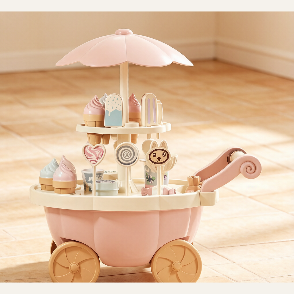 Kids Ice Cream Cart Toy - Rotating Candy Trolley with Lights & Sound, Pretend Play Gift Set for Girls
