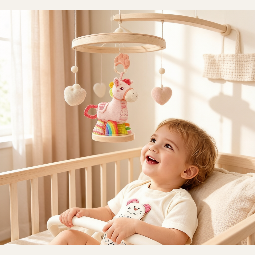 Rainbow Pony Music Box Crib Pendant - Hanging Bell Rattle Soothing Companion Toy for Babies