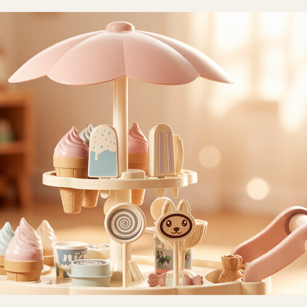 Kids Ice Cream Cart Toy - Rotating Candy Trolley with Lights & Sound, Pretend Play Gift Set for Girls