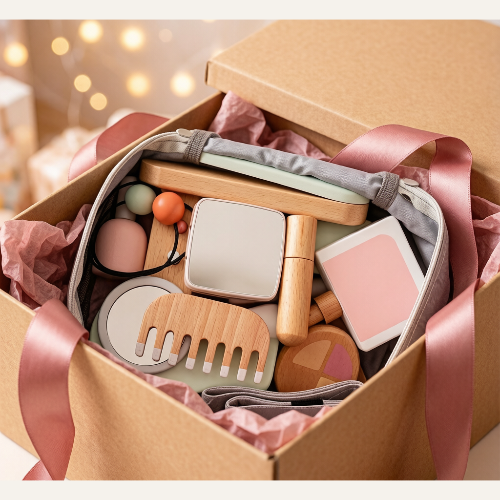 Kids Wooden Makeup Pretend Play Set - Simulation Comb, Lipstick & Handbag Beauty Toy for Girls