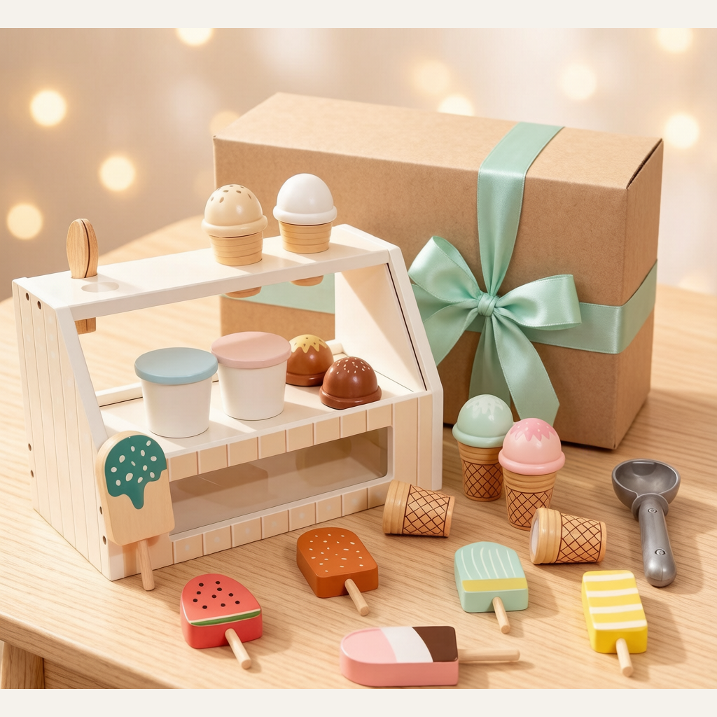 Wooden Kids Ice Cream Shop Toy - Cash Register Role-Play Pretend Play Set