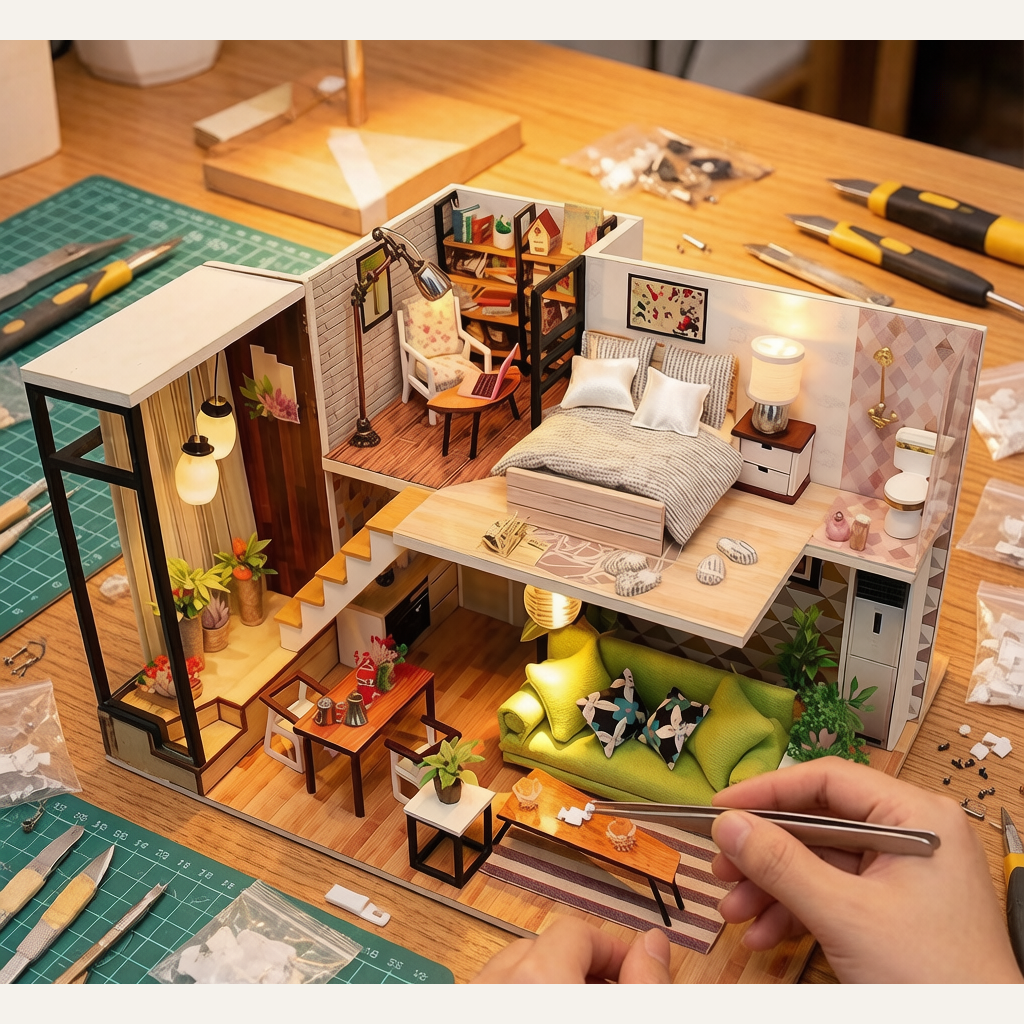 Hongda DIY Small House Wooden Dollhouse - Hand-Assembled Nordic World Model