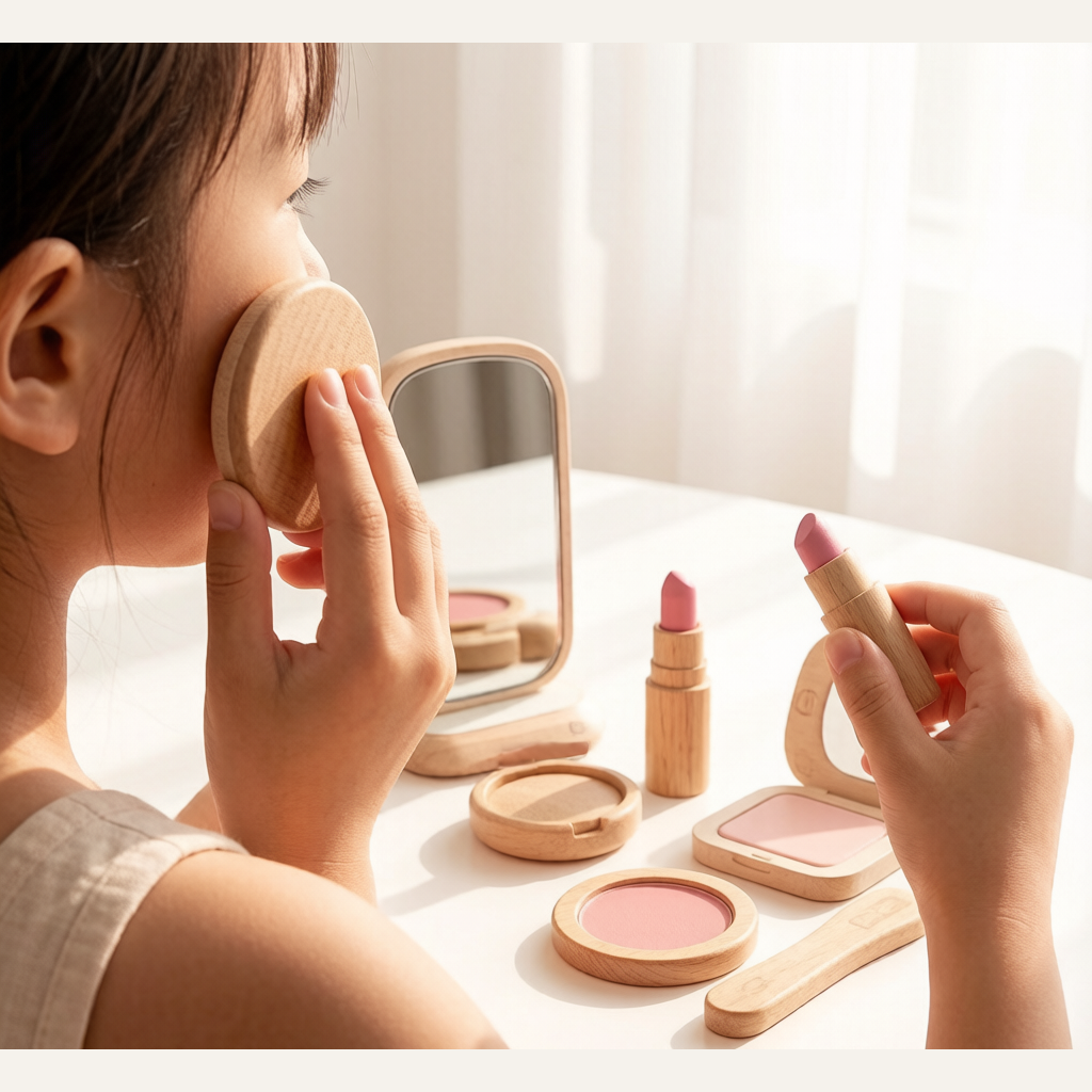 Kids Wooden Makeup Pretend Play Set - Simulation Comb, Lipstick & Handbag Beauty Toy for Girls