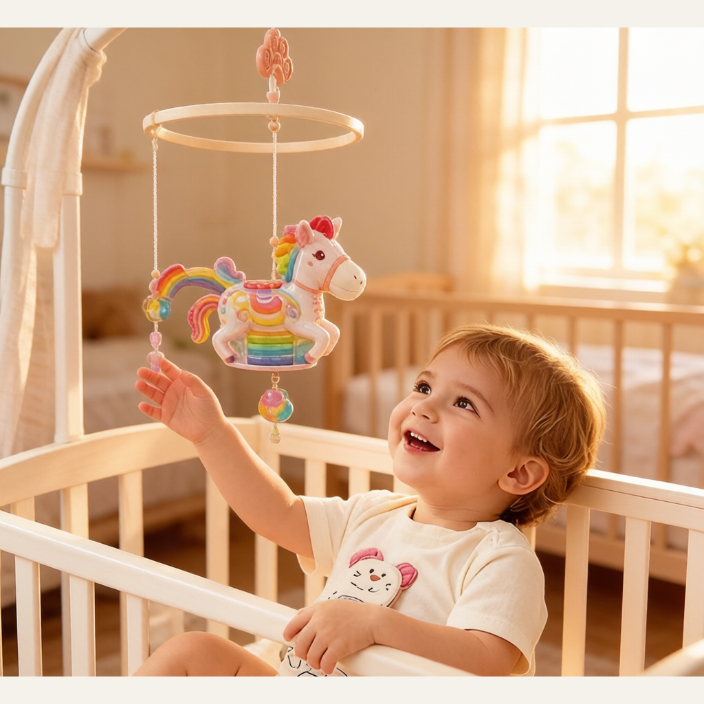 Rainbow Pony Music Box Crib Pendant - Hanging Bell Rattle Soothing Companion Toy for Babies