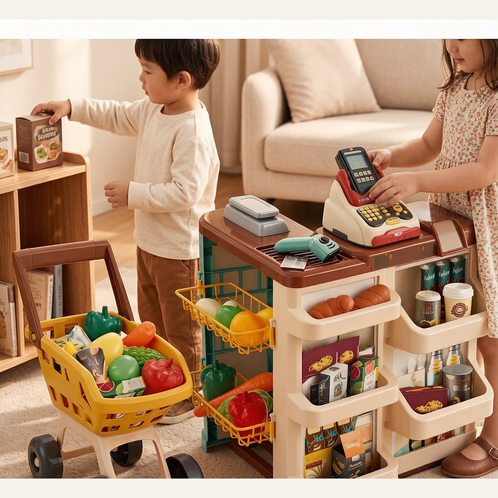 Kids Supermarket Playset with Shopping Cart & Scanner - Cashier Kitchen Pretend Play