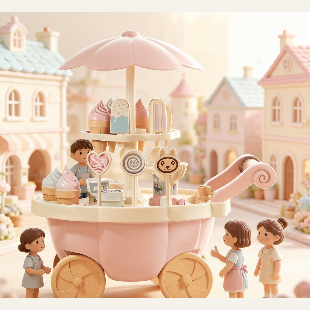 Kids Ice Cream Cart Toy - Rotating Candy Trolley with Lights & Sound, Pretend Play Gift Set for Girls