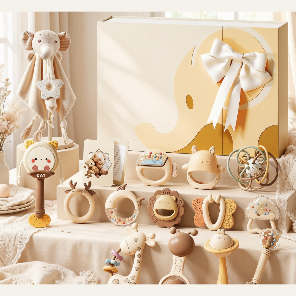 Newborn Rattle Gift Box Set - Teether, Sensory & Soothing Toy Bundle for Baby Showers & Full Month Gifts