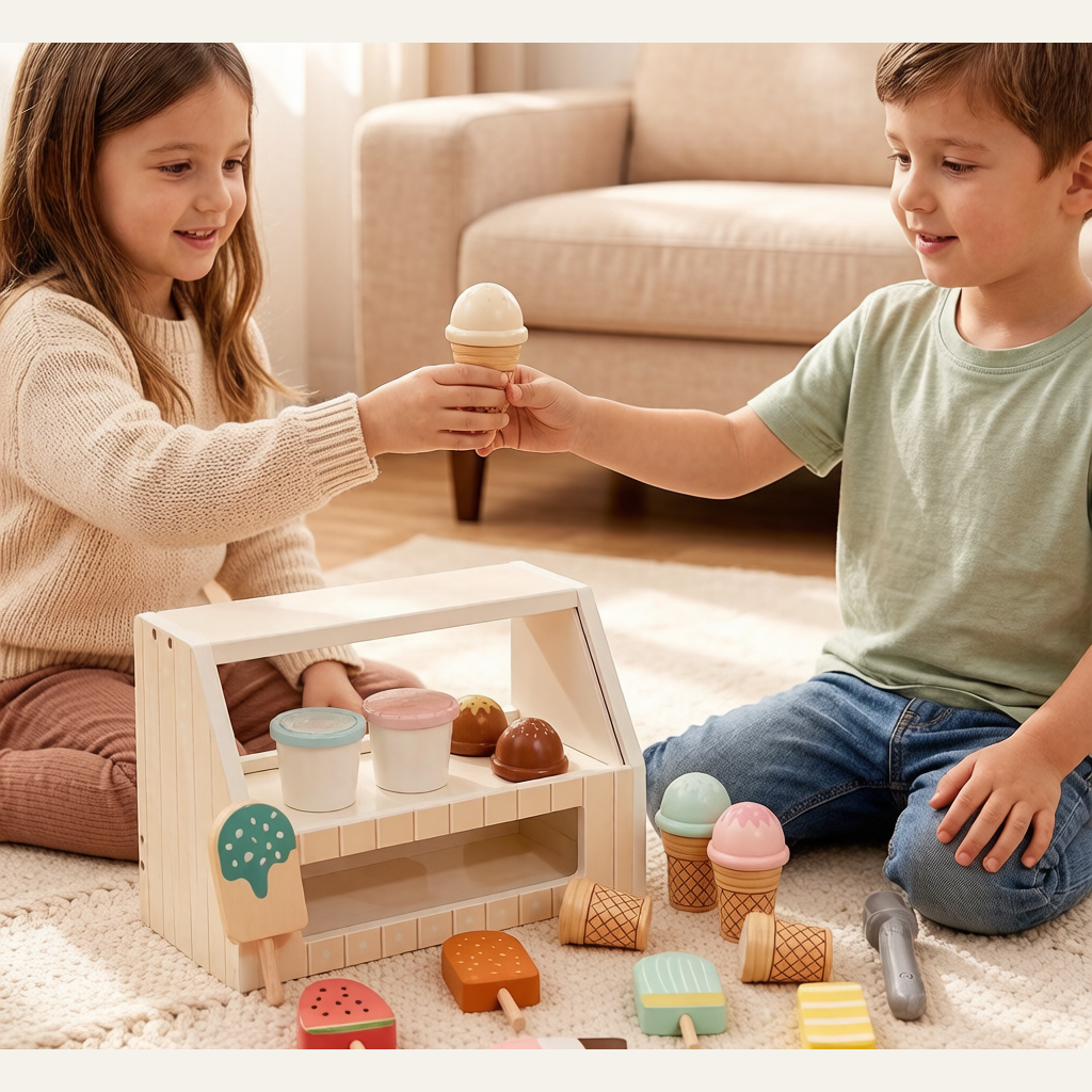 Wooden Kids Ice Cream Shop Toy - Cash Register Role-Play Pretend Play Set