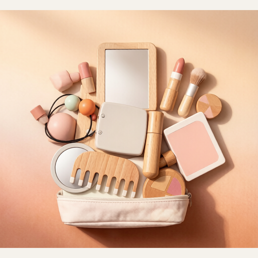 Kids Wooden Makeup Pretend Play Set - Simulation Comb, Lipstick & Handbag Beauty Toy for Girls