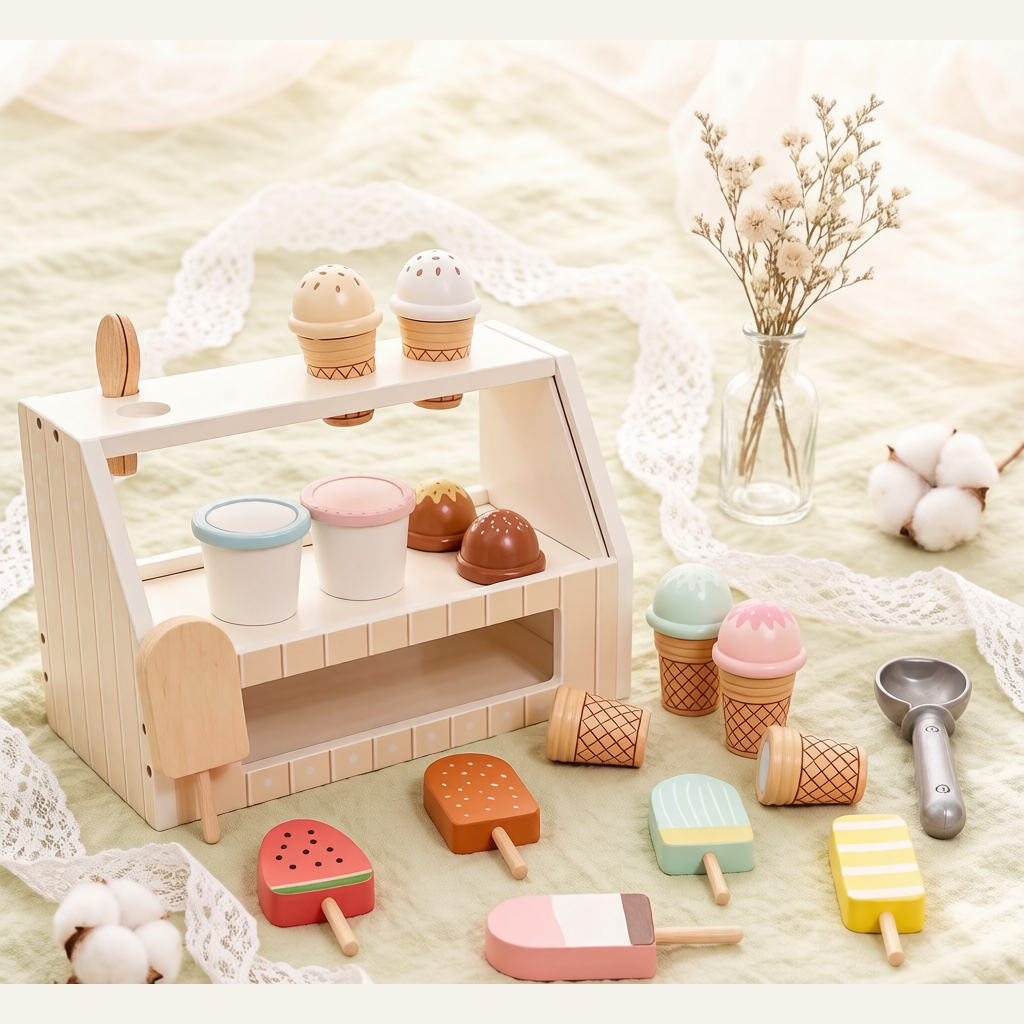 Wooden Kids Ice Cream Shop Toy - Cash Register Role-Play Pretend Play Set