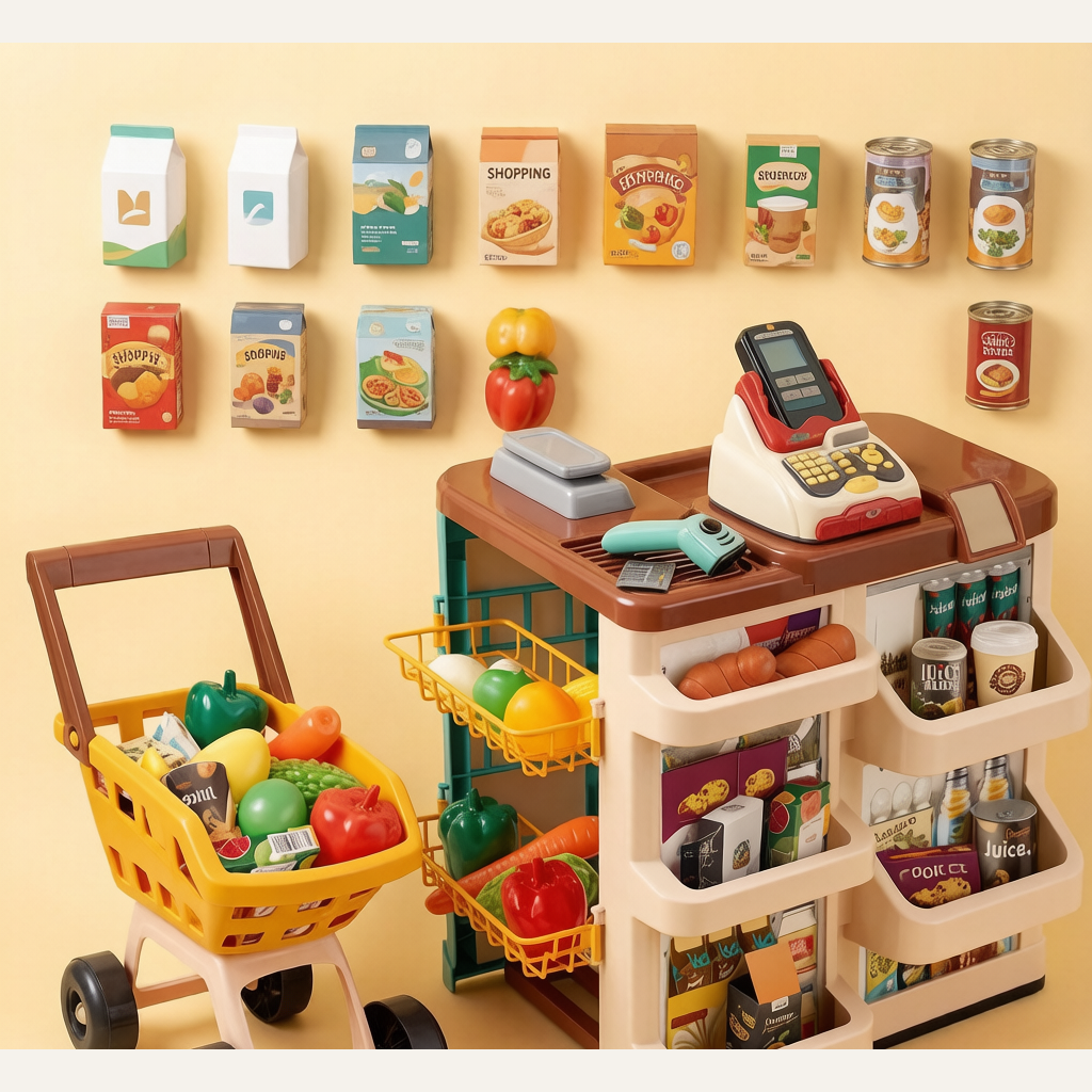 Kids Supermarket Playset with Shopping Cart & Scanner - Cashier Kitchen Pretend Play