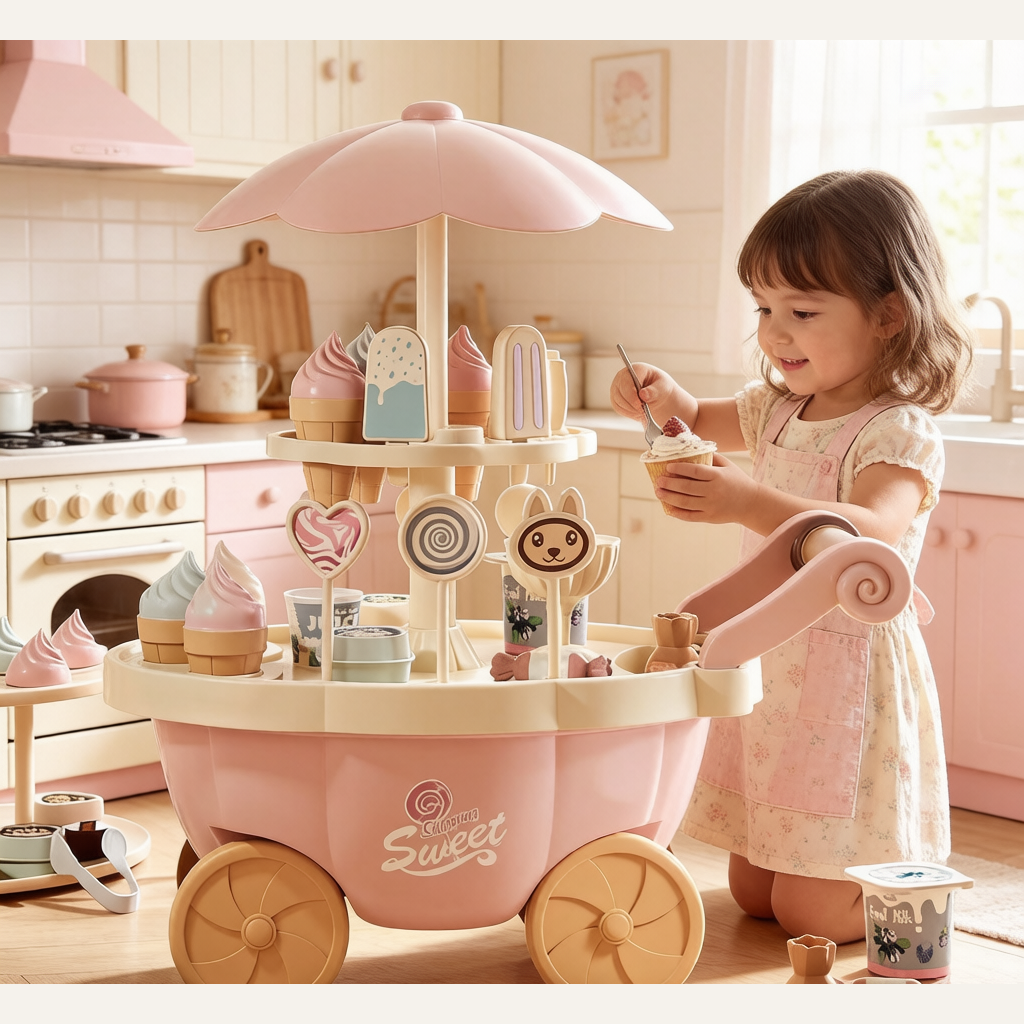 Kids Ice Cream Cart Toy - Rotating Candy Trolley with Lights & Sound, Pretend Play Gift Set for Girls