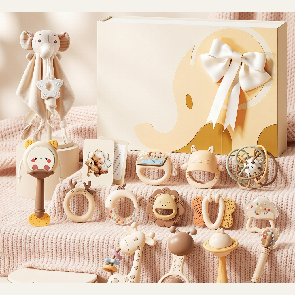 Newborn Rattle Gift Box Set - Teether, Sensory & Soothing Toy Bundle for Baby Showers & Full Month Gifts